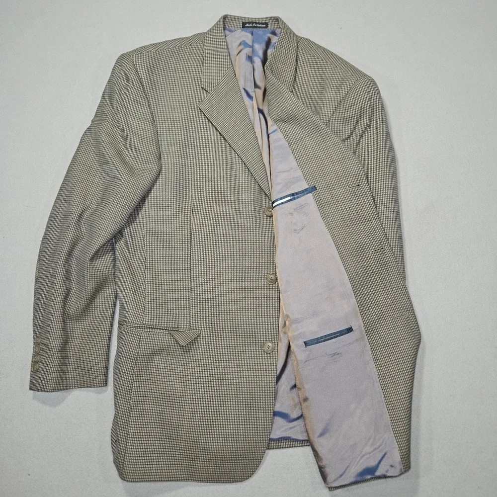Perry Ellis Portfolio VTG 3-Button Wool Blazer Jacket Micro Check Tan Sz 43R